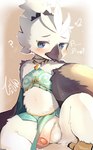 anthro balls beak black_beak blue_eyes blush bottomwear bottomwear_aside clothed clothing clothing_aside crop_top crossdressing feathers femboy flaccid foreskin genitals gerudo_outfit loincloth loincloth_aside male midriff penis shirt solo topwear white_body white_feathers young pyoin_pyoin nintendo the_legend_of_zelda tulin_(tloz) avian rito hi_res