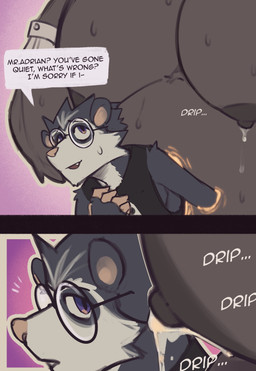 2_panel_comic 5_fingers anthro arm_scar belly big_belly big_muscles big_nipples big_pecs black_body black_clothing black_fur blush bodily_fluids bone clothed clothing dialogue duo embarrassed_expression erection exclamation_point eyewear fingers fur glasses huge_pecs lactating larger_male male male/male male_lactation milk musclegut muscular muscular_anthro muscular_male navel nipples orange_eyes pecs phasing phasing_through_another purple_eyes round_glasses scar size_difference skull smaller_male speech_bubble sweat text topwear torn_clothing torn_topwear white_body white_fur king_slabu adrian_(king_slabu) nolan_(king_slabu) american_opossum canid canine canis domestic_dog mammal marsupial spirit virginia_opossum absurd_res comic digital_media_(artwork) english_text hi_res