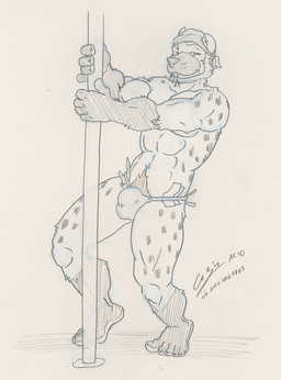 5_fingers 5_toes abs anthro bandana_on_head barefoot beard biped bulge claws clothed clothing crotch_tuft dancing detailed_bulge durag facial_hair feet finger_claws fingers fur gloves_(marking) humanoid_feet leg_markings looking_at_viewer male markings money_in_thong muscular muscular_anthro muscular_male narrowed_eyes navel pecs plantigrade pole pole_dancing pubes smile snout socks_(marking) solo spots standing stripper stripper_pole thong thong_only toe_claws toes topless tuft underwear underwear_only chestnuts_(artist) anthony_(yunin) hyena mammal spotted_hyena 2010 line_art signature traditional_media_(artwork)