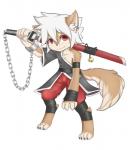 bandage brown_body brown_fur chain chain_weapon countershading fur hair holding_melee_weapon holding_object holding_sword holding_weapon melee_weapon red_eyes simple_background solo standing sword tail tan_body tan_fur weapon white_background white_hair alanisawolf777 canid canine canis mammal wolf hi_res