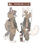 4_toes anthro barefoot blue_eyes clothed clothing duo feet floppy_ears fur grey_body grey_fur grey_hair gun hair male male/male military paws pockets ranged_weapon smile toes tongue tongue_out weapon white_body white_fur white_hair young young_anthro makioraku misha_makioraku sasha_yuki canid canine canis mammal wolf absurd_res hi_res