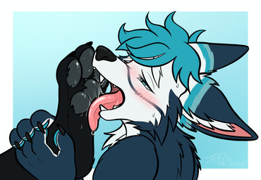 4_toes 5_fingers anthro athletic black_body black_claws black_feet black_fur black_nails black_nose blue_body blue_eyes blue_fur blue_hair blush blush_lines bodily_fluids claws colored_nails cute_fangs dripping duo fangs feet fingers fluffy fluffy_tail foot_fetish foot_focus foot_lick foot_play fur fur_markings grey_body grey_fur grey_pawpads hair hindpaw inner_ear_fluff licking male male/male markings multicolored_body multicolored_fur nails open_mouth pawpads paws saliva saliva_drip simple_background submissive sweat sweatdrop tail teeth toe_claws toes tongue tongue_out tuft two_tone_body white_body white_fur tiksheep mythology freki_(kuro_boi) geri_(kuro_boi) canid canine canis mammal mythological_canine mythological_creature werecanid werecanine werecreature werewolf wolf hi_res