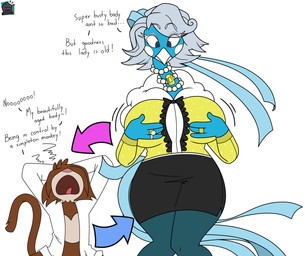 4_fingers anthro beak big_breasts big_butt body_swap bottomwear breasts brown_hair butt clothed clothing curvy_figure dialogue duo elderly elderly_anthro elderly_female eyelashes female fingers grey_hair hair hand_on_head holding_breast jewelry legwear long_eyelashes long_neck male mature_female necklace open_mouth ring scientist short_hair simple_background skirt standing tail text tights topwear wide_hips dezzy_draws nintendo pokemon jam_(monkey-scientist) altaria avian generation_3_pokemon haplorhine mammal monkey pokemon_(species) primate 2021 absurd_res digital_media_(artwork) english_text hi_res