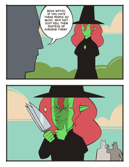 5_fingers ambiguous_gender anthro black_clothing black_hat black_headwear closed_smile clothed clothed_humanoid clothing cloud day dialogue evil_grin fingers freckled_face freckles front_view fully_clothed fully_clothed_humanoid furrowed_eyebrows gesture green_body green_skin group hair hat headgear headwear holding_knife holding_object humanoid_pointy_ears knife looking_at_another mouth_closed narrowed_eyes nefarious_intentions outside pointy_ears red_hair side_view silhouette simple_eyes small_comic smile snout solo_focus sparkles speech_bubble talking_to_another text waving witch_hat bonnymama7 elphaba_(bonnymama7) humanoid 2025 absurd_res comic digital_drawing_(artwork) digital_media_(artwork) english_text first_page flat_colors half-length_portrait hi_res portrait female_(lore)