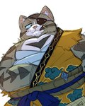 anthro clothed clothing eye_patch eyewear kemono male overweight overweight_male simple_background solo my_wet_muffin capcom monster_hunter monster_hunter_stories monster_hunter_stories_2:_wings_of_ruin orgo_(monster_hunter) felid felyne lynian mammal 2023 4:5 hi_res