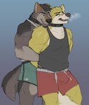 anthro bodily_fluids breath bulge clothing collar duo hands_behind_back male male/male scar shirt sweat tail tank_top topwear wrestling horrorbuns remember_the_flowers cooper_krager patsy_(remember_the_flowers) canid canine canis mammal wolf hi_res