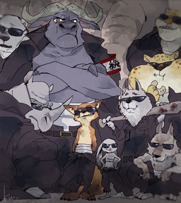 anthro crossed_arms crouching dessert digitigrade doughnut eyewear female food gang grin group horn male pastry proboscis_(anatomy) smile sunglasses trunk_(anatomy) yakuza koma_(artist) disney zootopia benjamin_clawhauser chief_bogo judy_hopps nick_wilde officer_fangmeyer officer_mchorn officer_wolfard bat bear bovid bovine canid canine canis cape_buffalo cheetah elephant elephantid felid feline fox lagomorph leporid mammal pantherine polar_bear proboscidean rabbit red_fox rhinoceros tiger true_fox ursine wolf 2016 digital_media_(artwork)