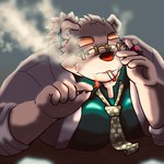 anthro cigarette cigarette_in_mouth eyebrows eyewear fur glasses lighter male necktie object_in_mouth smoking solo thick_eyebrows white_body white_fur nigauritaruto lifewonders tokyo_afterschool_summoners leib_(tas) bear mammal polar_bear ursine 1:1 hi_res