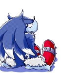 anthro big_eyes biped black_nose blue_body blue_fur blue_hair blue_skin claws clothing footwear fur hair long_hair looking_at_viewer looking_back male mostly_nude multicolored_hair shoes simple_background sitting solo toony white_background white_hair urahyu sega sonic_the_hedgehog_(series) sonic_unleashed sonic_the_werehog eulipotyphlan hedgehog mammal werecreature wereeulipotyphlan werehog 5:6