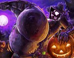 anthro armor big_breasts big_butt breasts butt candy clothed clothing dessert eye_scar facial_scar female food full_moon gauntlets gloves handwear holidays hood huge_butt jack-o'-lantern legs_up light looking_at_viewer lying moon moonlight night on_back partially_clothed purple_eyes scar skimpy solo alamander epic_games fortnite halloween raven_team_leader bear mammal hi_res