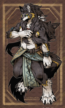 accessory anthro armband beaded_jewelry beaded_necklace beads biped black_claws black_nose bottomwear bracelet brown_background brown_body brown_fur cheek_tuft claws clothed clothing digitigrade facial_markings facial_tuft feather_in_hair feathers fluffy fluffy_tail fur green_eyes grey_body grey_fur hair hair_accessory head_markings head_tuft jewelry loincloth long_hair looking_away loose_feather male markings multicolored_body multicolored_fur muscular muscular_anthro muscular_male necklace simple_background solo standing tail tied_hair topless tuft waist_belt white_body white_fur yellow_body yellow_fur fye nintendo the_legend_of_zelda regis_(rumeng) canid canine canis mammal wolf hi_res watermark