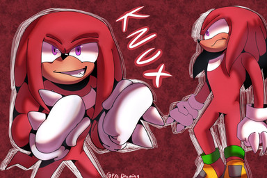 black_nose clothing footwear gloves handwear male markings muscular purple_eyes red_background red_body sharp_teeth shoes simple_background smile solo spiked_gloves spikes tail teeth text white_markings pyc.drawing sega sonic_the_hedgehog_(series) knuckles_the_echidna echidna mammal monotreme hi_res