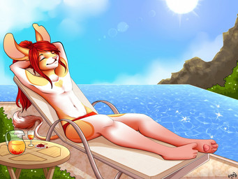anthro clothed clothing day eyes_closed hair male outside red_hair sky smile solo sun topless water robyn_paperdoll lagomorph leporid mammal rabbit 2014 4:3 digital_media_(artwork) shaded