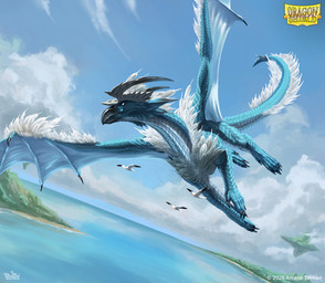 ambiguous_gender beak blue_body blue_scales cloud day detailed_background feathers feral floating_rocks flying horn island membrane_(anatomy) membranous_wings outside scales spread_wings tail water white_body white_feathers wings brian_valeza dragon_shield mythology ambient_bird dragon feathered_dragon feathered_scalie mythological_creature mythological_scalie scalie 2025 digital_media_(artwork) hi_res official_art