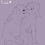 anthro clothed clothing duo fur hair holding_waist male male/male neck_kiss nipples nuzzling on_lap panties simple_background sitting_on_lap tongue tongue_out underwear pubbipaws canid canine canis domestic_dog mammal digital_media_(artwork)