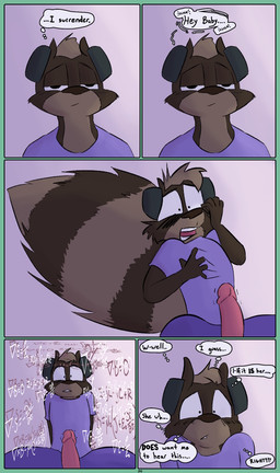 anthro dialogue electronics erection fluffy fluffy_tail genitals glans headphones humanoid_genitalia humanoid_penis incestuous_fantasy listening_to_porn male penis solo tail text thought_bubble dirty_bunny tommy_keys mammal procyonid raccoon comic english_text incestuous_temptation_(lore)