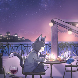 alcohol anthro beverage black_body black_fur chair clothed clothing dipstick_tail duo female fur furniture interspecies male male/female markings predator/prey tail tail_markings whiskers wine guruminn domestic_cat felid feline felis mammal mouse murid murine rodent 1:1