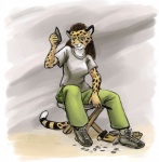 anthro archaeologist biped bottomwear brown_eyes brown_hair clothed clothing female flint_knapping footwear fully_clothed furniture hair holding_object long_hair pants shirt shoes sitting smile solo stool tail topwear mishakun trella cheetah felid feline mammal