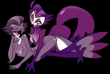 anthro duo feathers feet looking_at_viewer male pose suggestive suggestive_pose tail tail_feathers talons toes clownweed25 hazbin_hotel hellaverse helluva_boss fan_character sorcha_(zilvus) stolas_(helluva_boss) avian bird corvid magpie_(corvid) oscine owl passerine 2026 absurd_res digital_media_(artwork) hi_res pinup