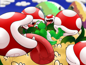 3_toes ambiguous_gender barefoot big_tongue bodily_fluids cloud featureless_crotch feet foot_fetish foot_lick foot_play group licking plant restrained saliva screencap screencap_background soles teeth toes tongue tongue_out dracion mario_bros nintendo yoshi's_island elemental_creature flora_fauna green_yoshi piranha_plant scalie yoshi hi_res