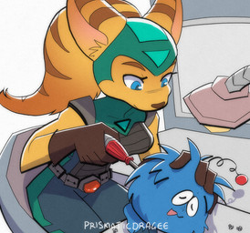 anthro belt blue_eyes breasts clothing eyebrows eyelashes female fur gloves handwear screwdriver sitting solo stripes tools yellow_body yellow_fur prismaticdragee ratchet_and_clank sony_corporation sony_interactive_entertainment angela_cross lombax mammal protopet 2026