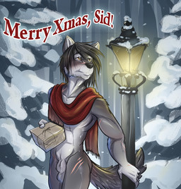 5_fingers abs amber_eyes animal_genitalia anthro balls biceps biped black_hair black_nose cheek_tuft facial_tuft fingers fluffy fluffy_tail fully_sheathed fur genitals gift grey_balls grey_body grey_fur hair humanoid_hands lamp lantern male multicolored_body multicolored_fur muscular muscular_anthro muscular_male nude outside pecs scar scarf sheath snow solo standing tail title tuft two_tone_body two_tone_fur winter potionmastercernun canid canine canis mammal wolf 2016 hi_res