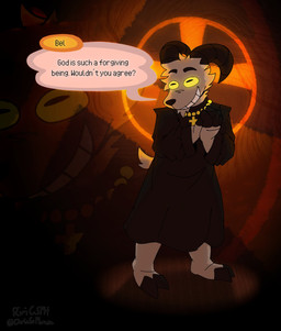 ambiguous_gender anthro barefoot biped black_clothing christian_cross christian_symbol clothing cross cross_necklace curved_horn dialogue feet fingers fur glowing glowing_eyes gradient_background grey_body grey_fur hooved_fingers hooves horizontal_pupils horn jewelry male necklace orange_light priest priest_robes pupils religion religious_clothing religious_symbol robe scut_tail short_tail simple_background smile solo speech_bubble standing tail teeth text yellow_sclera chrissophrase animal_crossing christianity nintendo bel_(animal_crossing) fan_character bovid caprine goat mammal artist_name english_text hi_res signature male_(lore)