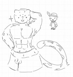 anthro apron bottomwear bulge clothing duo fangs fur gardener gloves handwear hat headgear headwear intimidation long_sleeves looking_at_viewer male markings muscular muscular_anthro muscular_male open_mouth pants shirtless shirtless_male shorts spots spotted_body spotted_fur standing straw_hat tail teeth wrestler taoism.lover.150 fan_character garden_rabbit mister_leopard felid lagomorph leopard leporid mammal pantherine rabbit monochrome