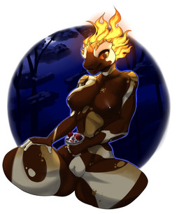 anthro areola big_breasts breasts brown_areola brown_body brown_nipples dessert female fire flaming_hair food fruit genitals hair innie_vulva looking_at_viewer navel nipples non-mammal_breasts non-mammal_navel non-mammal_nipples nude plant pseudo_hair simple_background sitting smile solo spread_legs spreading thick_thighs vulva wide_hips shapeshifterprincess amphibian frog hi_res