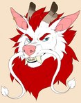 anthro antlers barbel_(anatomy) ear_piercing fangs flesh_whiskers horn neck_tuft piercing solo teeth tuft tusks shnellz mythology dragon eastern_dragon mythological_creature mythological_scalie scalie hi_res