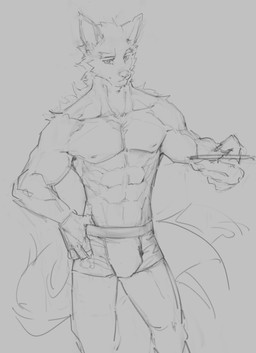 abs anthro bottomwear bulge cheek_tuft clothed clothing facial_tuft hand_on_hip head_tuft holding_object holding_plate looking_at_viewer male mouth_closed muscular muscular_anthro muscular_male narrowed_eyes nipples pecs plate simple_background solo standing topless tuft unsigned awaldkize canid mammal absurd_res hi_res monochrome portrait sketch three-quarter_portrait