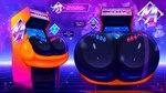 anthro arcade_machine big_breasts bodily_fluids breasts duo female gameplay_mechanics greeting machine solo sweat sweaty_breasts text walter_sache living_machine absurd_res english_text hi_res