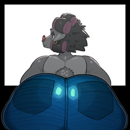 anthro big_butt black_border blue_bottomwear blue_clothing blue_jeans blue_pants border bottomwear butt butt_focus clothing cotton_tail denim denim_bottomwear denim_clothing ear_piercing ear_ring eyebrows female floppy_ears fur glistening glistening_bottomwear glistening_butt glistening_clothing glistening_pants gold_(metal) gold_ear_ring grey_body grey_eyebrows grey_fur grey_hair hair hair_curlers half-closed_eyes huge_butt jeans leaning leaning_forward looking_aside mature_anthro mature_female mouth_closed narrowed_eyes pants piercing pink_nose rear_view red_eyes ring_piercing shirt simple_background snout solo tight_bottomwear tight_clothing tight_pants topwear white_background white_clothing white_shirt white_topwear wrinkled_skin wrinkles nerobero0 beware_the_shadowcatcher zed_technician_games maude_(bts) bovid caprine mammal sheep 1:1 2026 hi_res portrait three-quarter_portrait
