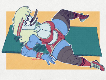 accessory anthro beak big_breasts blonde_hair blue_body blue_feathers bottomwear breasts cleavage clothed clothing exercise feathers female hair headband hotpants looking_at_viewer mature_female shirt shorts solo sweatband tank_top teeth thick_thighs toothed_beak topwear workout wristband yoga_mat wolftangart cartoon_network regular_show hilary_(regular_show) avian bird blue_jay corvid jay_(bird) new_world_jay oscine passerine 4:3 hi_res