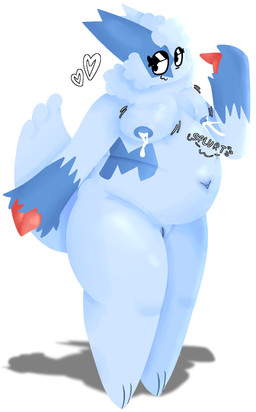 anthro belly blue_body bodily_fluids breasts claws female genitals lactating milk navel nipples obese overweight pokemorph solo vulva pillowater nintendo pokemon estreja_(pillowater) generation_3_pokemon pokemon_(species) zangoose hi_res