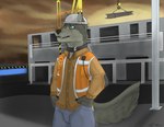 anthro clothed clothing construction detailed_background dracoloup_co green_eyes hsd male modern science_fiction solo wolfywetfurr_(artist) hc_svnt_dracones greypolf canid canine canis mammal wolf hi_res