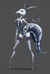 anthro arthropod_abdomen black_eyes breasts featureless_feet feet female genitals grey_background hollow_eyes mouthless non-mammal_breasts pigtails pussy simple_background solo evanight hollow_knight team_cherry iselda_(hollow_knight) arthropod insect hi_res