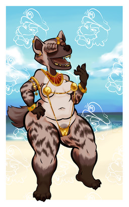 anthro beach bikini biped breasts camel_toe clothing countershading darkened_genitalia detailed_background female female_anthro fur genitals gold_(metal) hair jewelry metal_bikini obscured_inner_labia one-piece_swimsuit piercing plantigrade plump_labia shortstack shortstack_female slightly_chubby sling_bikini small_breasts smile solo swimwear tail teeth thick_thighs two-piece_swimsuit vulva yellow_teeth skeletronic animal_crossing mario_bros nintendo ankha_(animal_crossing) mario canid hyena mammal striped_hyena digital_media_(artwork) hi_res