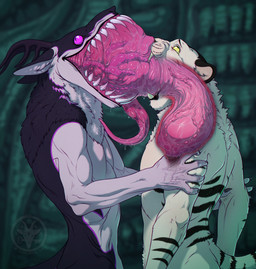 anthro bodily_fluids claws crying duo extreme_french_kiss french_kissing gastric_prolapse grin horn internal kissing looking_pleasured male male/male nightmare_fuel oral_prolapse prolapse sharp_teeth smile tail tears teeth tongue vore fenrir_ovekovoy flylph felid mammal pantherine synx tiger hi_res