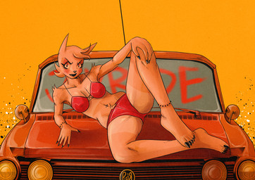 anthro bikini bikini_bottom bikini_top black_lips black_nails bracelet car cheek_markings claws clothing colored_nails facial_markings feet female hand_on_knee hand_on_leg head_markings jewelry lips lying markings nails navel navel_piercing nipple_outline on_hood on_side orange_body piercing pose red_clothing solo suntan swimwear tan_line toe_claws tuft two-piece_swimsuit vehicle vintage_car paisleyrose103 pink_among_blood_red_roses rose_paisley canid canine canis mammal wolf absurd_res digital_media_(artwork) english_description hi_res