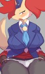 anthro blush breasts clothed clothing female fur hat headgear headwear holowear_(pokemon) looking_at_viewer open_mouth panties red_body red_eyes solo underwear yellow_body yellow_fur nojaaaaaaaarori nintendo pokemon pokemon_unite tuxedo_style_delphox delphox generation_6_pokemon pokemon_(species) absurd_res hi_res