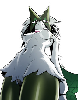 anthro breasts female female_anthro fluffy fur green_body green_fur hands_behind_back head_markings light looking_at_viewer low-angle_view markings mask medium_breasts monotone_body monotone_fur navel neutral_expression nipple_tape pasties pink_nose pussy_tape simple_background snaggle_tooth solo standing tape thick_thighs white_background worm's-eye_view gatonejo nintendo pokemon generation_9_pokemon meowscarada pokemon_(species) 2025 absurd_res hi_res signature