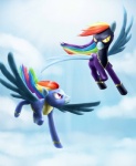 blue_body blue_feathers blue_fur confrontation dogfight dual_persona duo evil_twin feathered_wings feathers female feral flying fur hair multicolored_hair rainbow_hair square_crossover wings rautakoura friendship_is_magic hasbro my_little_pony mythology rainbow_dash_(mlp) shadowbolts_(mlp) wonderbolts_(mlp) equid equine mammal mythological_creature mythological_equine pegasus 2011