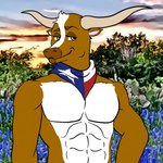 anthro countryside filtered_background flower hand_on_hip kerchief lupine_(flower) male neckerchief neckwear outside photo_background plant solo sunset texas unknown_artist bovid bovine cattle mammal texas_longhorn 1:1 photography_(artwork)