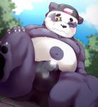 anthro belly biped black_nose blush bulge butt clothing cute_fangs fangs fur hat headgear headwear male moobs navel nipples one_eye_closed outside overweight overweight_anthro overweight_male purple_body purple_fur sitting solo teeth underwear wink orangetaming lifewonders tokyo_afterschool_summoners alp_(tas) bear giant_panda mammal 2019 absurd_res hi_res