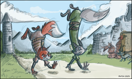 anthro belt bottomwear castle clothed clothing cloud fur grass grey_body grey_fur group handstand irish male mountain path plant red_body red_fur red_sclera robe scottish sky smile topwear tree white_body white_fur dutch_(artist) ambiguous_species canid canine canis fox mammal red_fox true_fox wolf 2024 5:3 colored_sketch digital_media_(artwork) hi_res sketch