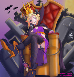 blonde_hair butt cape clothed clothing convenient_censorship crown cult cultist female forked_tail hair headgear holidays purple_eyes smug solo tail unusual_anatomy unusual_tail upskirt agymah halloween re:zero capella_emerada_lugunica changeling_(lorewise) humanoid hi_res