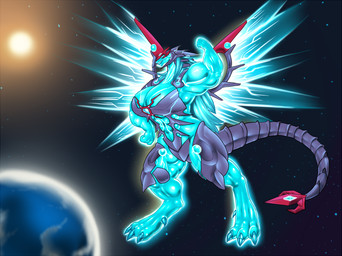anthro armor big_breasts blue_body blue_eyes blue_scales breasts claws clothed clothing earth female flexing glowing looking_at_viewer muscular muscular_anthro muscular_female navel non-mammal_breasts planet scales skimpy solo space sun tail teeth toe_claws unconvincing_armor wings grinex konami mythology yu-gi-oh! galaxy-eyes_photon_dragon dragon duel_monster mythological_creature mythological_scalie scalie 2015