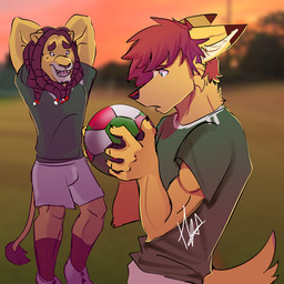 anthro ball dreadlocks duo field fur hair male mexico muscular muscular_male outside soccer soccer_ball sport tkaoaii-artz canid canine felid lion mammal pantherine 1:1 2018 digital_media_(artwork)