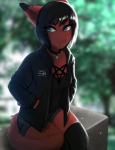 2018 anthro blue_eyes blurred_background canid canine clothed clothing female fully_clothed fur hi_res mammal nayel-ie red_body red_fur smile solo